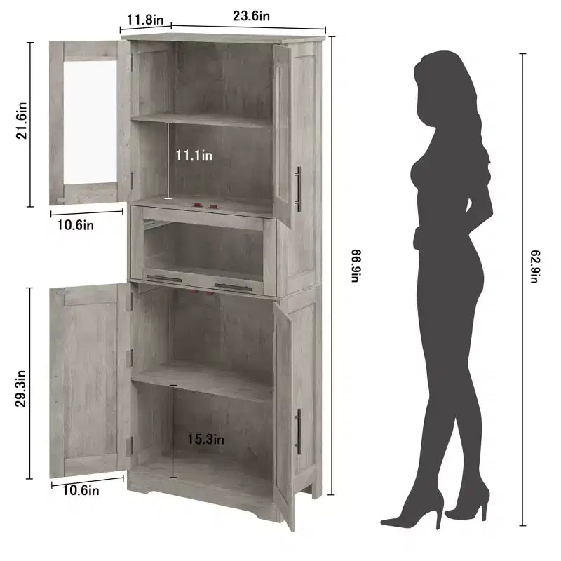 Armadietto da bagno alto, mobiletto indipendente per la biancheria con ante e ripiani regolabili, 170 cm H, per soggiorno o dispensa da cucina