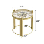Tavolino rotondo con orologio dorato e ingranaggi rotanti, comodino o tavolino d'appoggio