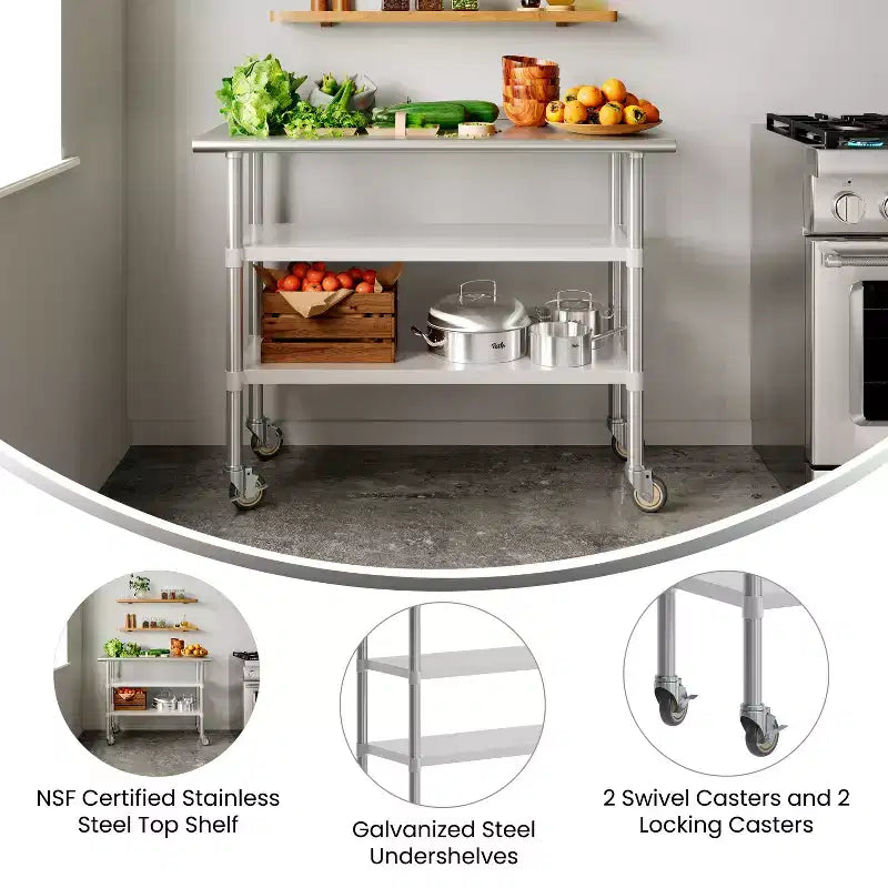 Tavolo da preparazione e lavoro Rawcliffe in acciaio inossidabile certificato NSF 24x 48 con 2 ripiani inferiori in acciaio zincato e 4 ruote con 2 bloccabili