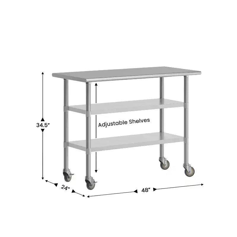 Tavolo da preparazione e lavoro Rawcliffe in acciaio inossidabile certificato NSF 24x 48 con 2 ripiani inferiori in acciaio zincato e 4 ruote con 2 bloccabili