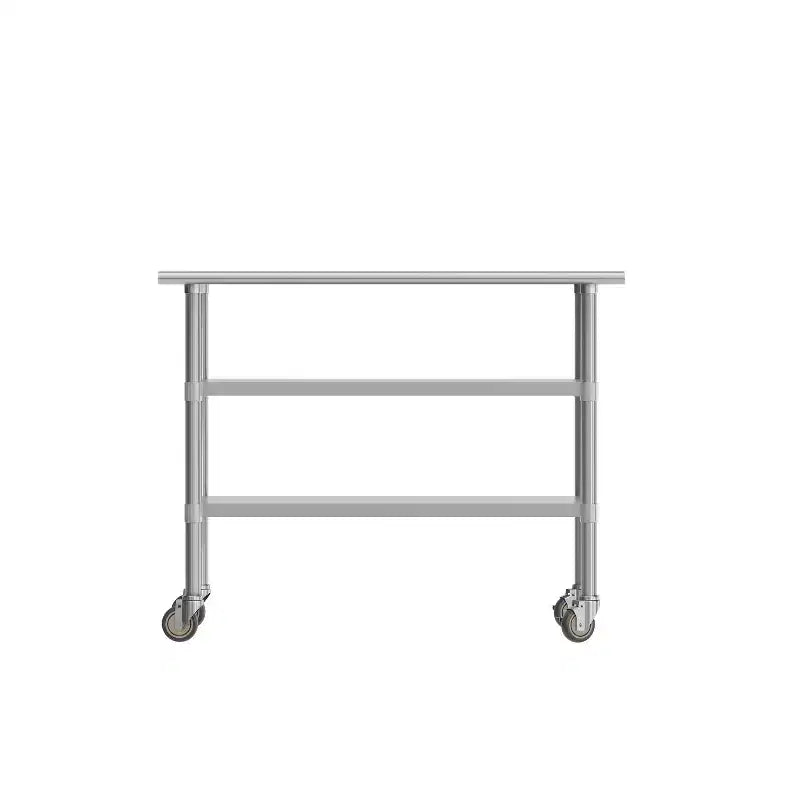 Tavolo da preparazione e lavoro Rawcliffe in acciaio inossidabile certificato NSF 24x 48 con 2 ripiani inferiori in acciaio zincato e 4 ruote con 2 bloccabili