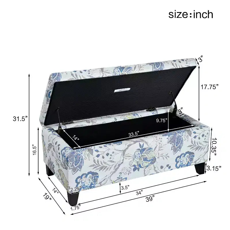 Pouf contenitore rettangolare Madison in legno contemporaneo e imbottito con motivo floreale