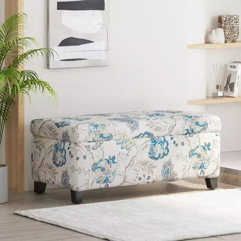 Pouf contenitore rettangolare Madison in legno contemporaneo e imbottito con motivo floreale