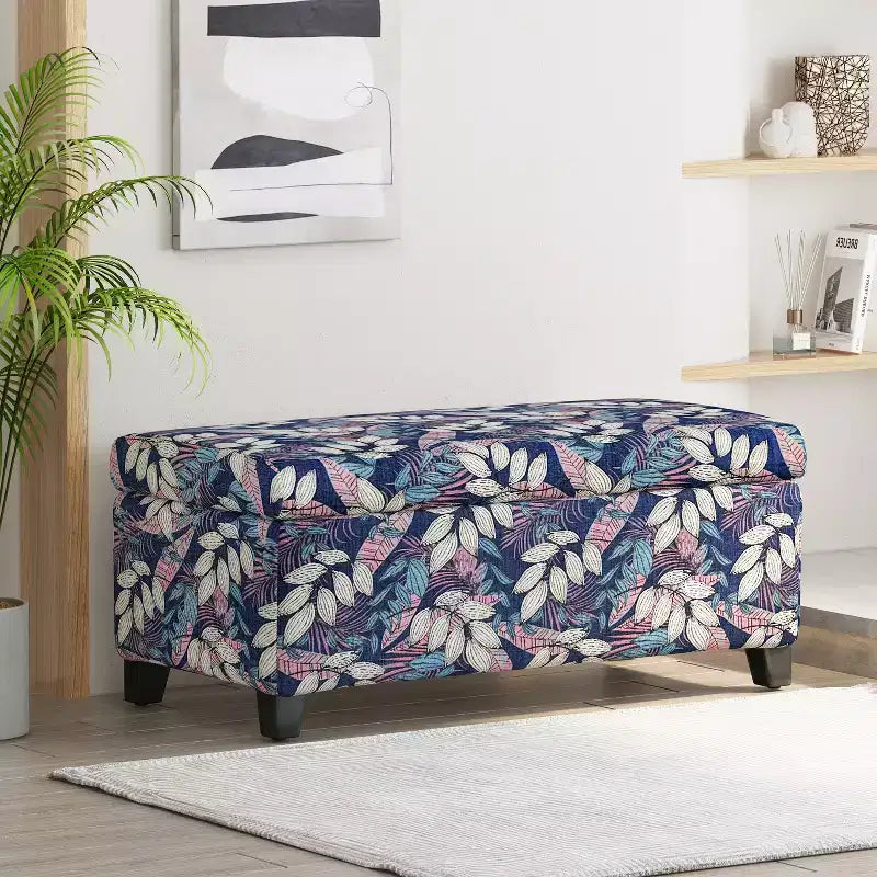 Pouf contenitore rettangolare Madison in legno contemporaneo e imbottito con motivo floreale