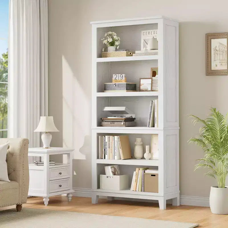 Libreria Alta a 5 Ripiani Bianca, Grande Libreria in Legno con Ripiani Regolabili