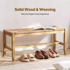 Panca in Rattan, Panca in Rattan di Legno da 40", Panca da Ingresso con Gambe in Legno di Quercia, Panca Bohemien per Piedi del Letto della Camera da Letto con Rattan Intrecciato a Mano