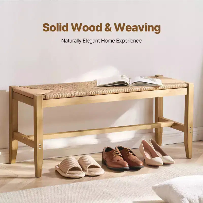 Panca in Rattan, Panca in Rattan di Legno da 40", Panca da Ingresso con Gambe in Legno di Quercia, Panca Bohemien per Piedi del Letto della Camera da Letto con Rattan Intrecciato a Mano