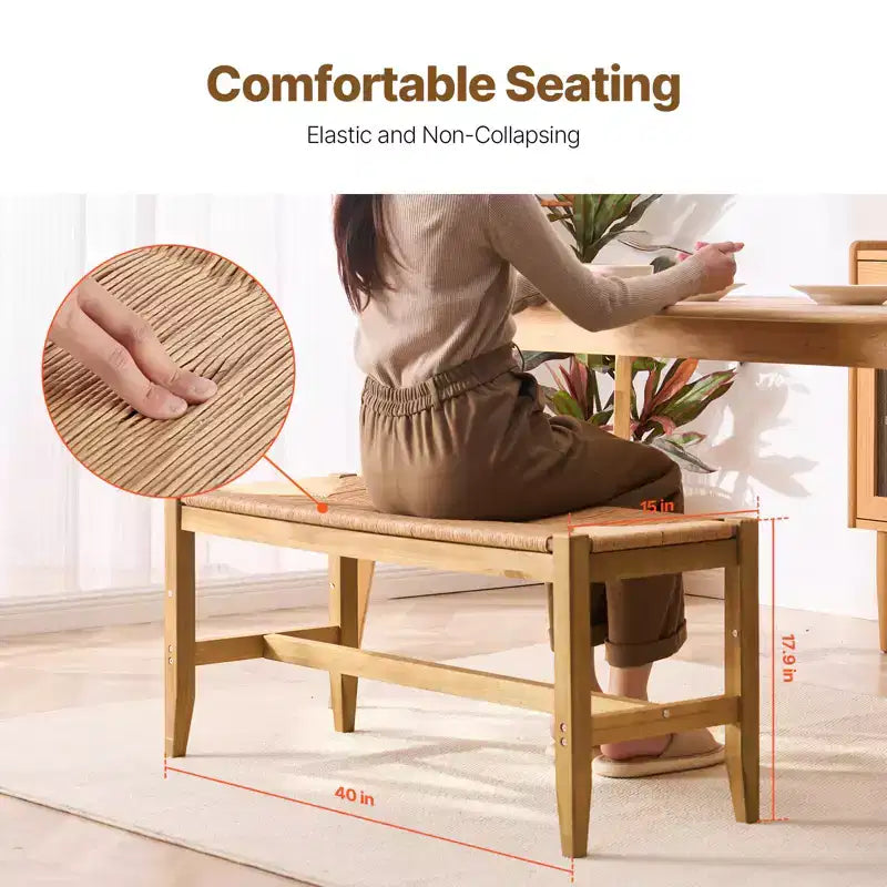Panca in Rattan, Panca in Rattan di Legno da 40", Panca da Ingresso con Gambe in Legno di Quercia, Panca Bohemien per Piedi del Letto della Camera da Letto con Rattan Intrecciato a Mano