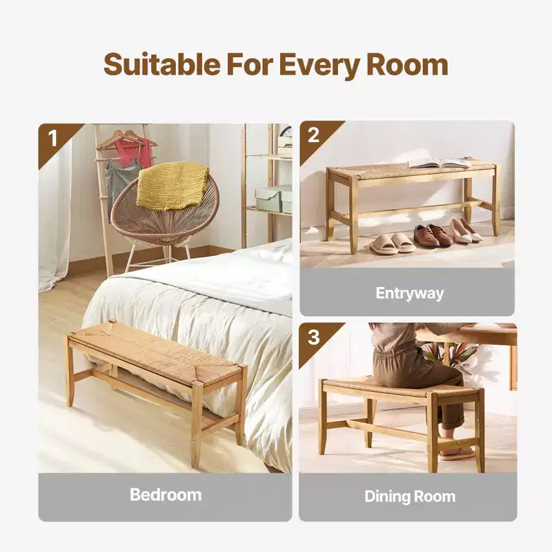 Panca in Rattan, Panca in Rattan di Legno da 40", Panca da Ingresso con Gambe in Legno di Quercia, Panca Bohemien per Piedi del Letto della Camera da Letto con Rattan Intrecciato a Mano
