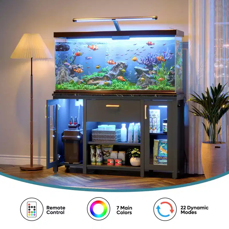 Supporto per acquario in metallo da 55 galloni con armadietto e prese di corrente, luce LED, capacità di 340 kg, nero