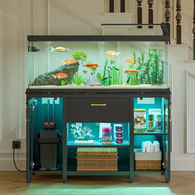 Supporto per acquario in metallo da 55 galloni con armadietto e prese di corrente, luce LED, capacità di 340 kg, nero