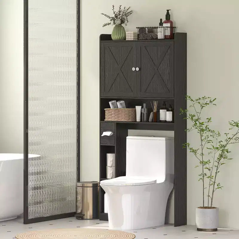 Armadietto da bagno salvaspazio da posizionare sopra il WC, stile rustico, con ante a fienile, ripiano regolabile, porta rotolo di carta igienica