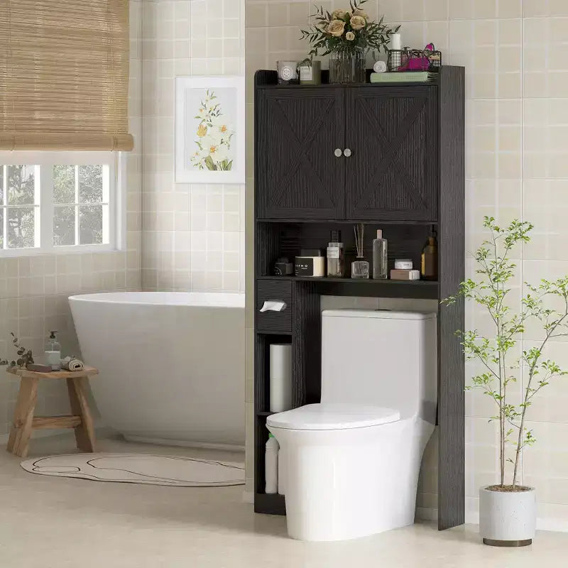 Armadietto da bagno salvaspazio da posizionare sopra il WC, stile rustico, con ante a fienile, ripiano regolabile, porta rotolo di carta igienica
