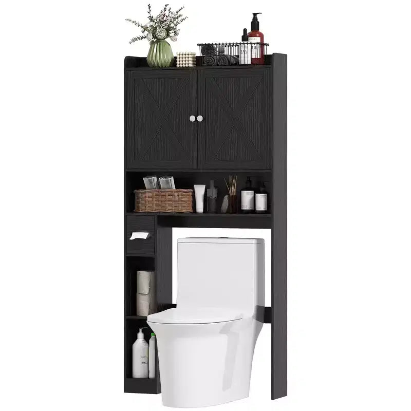 Armadietto da bagno salvaspazio da posizionare sopra il WC, stile rustico, con ante a fienile, ripiano regolabile, porta rotolo di carta igienica