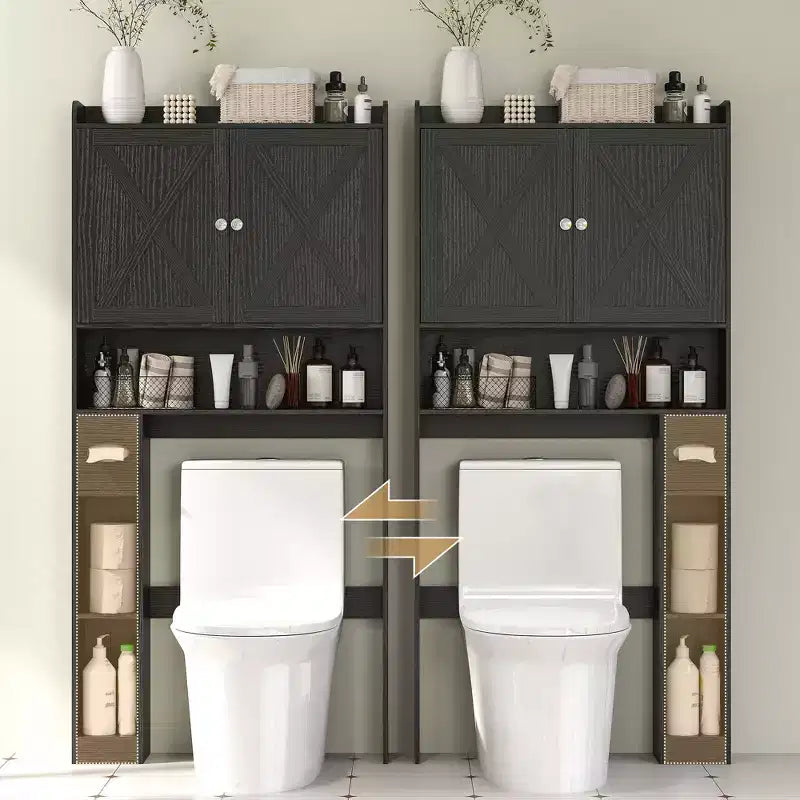Armadietto da bagno salvaspazio da posizionare sopra il WC, stile rustico, con ante a fienile, ripiano regolabile, porta rotolo di carta igienica