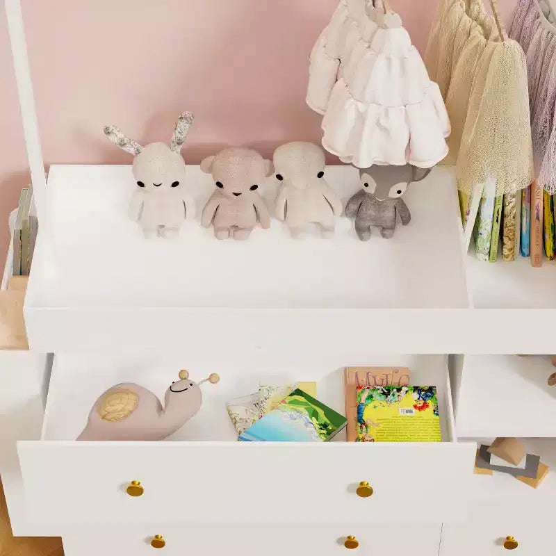 Cassettiera moderna con fasciatoio, fasciatoio per bambini con 3 cassetti extra profondi, ripiani e appendini