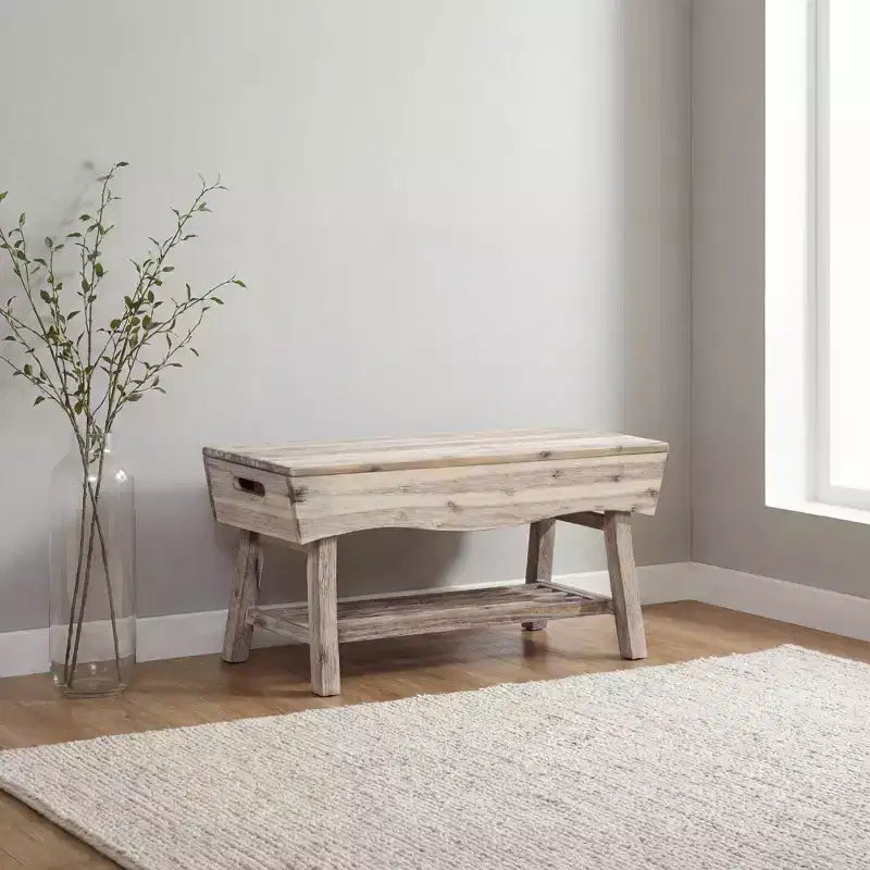 Panca in Legno Massello con Ripiano Contenitore e 4 Pannelli, 36x15,25x17,3 Pollici, Finitura Bianca Lavata