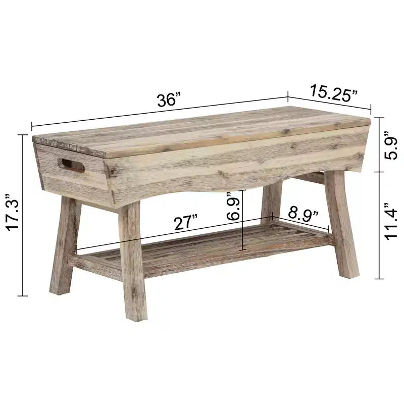 Panca in Legno Massello con Ripiano Contenitore e 4 Pannelli, 36x15,25x17,3 Pollici, Finitura Bianca Lavata