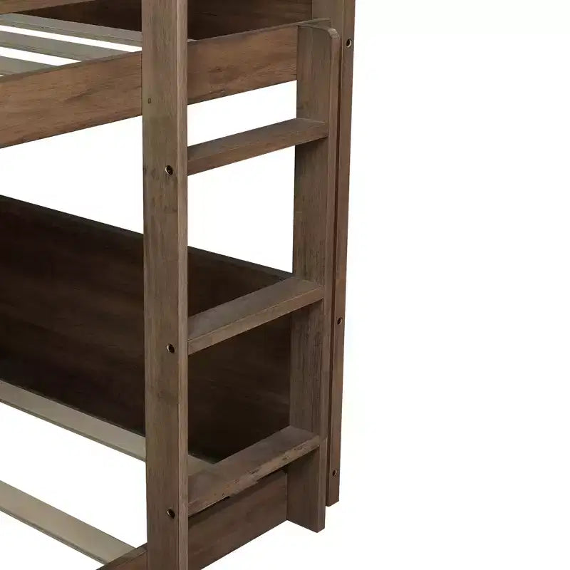 Letto a castello singolo su singolo con testiera e pediera a pannelli, struttura del letto a castello in legno di gomma con sponde e scaletta, quercia anticata