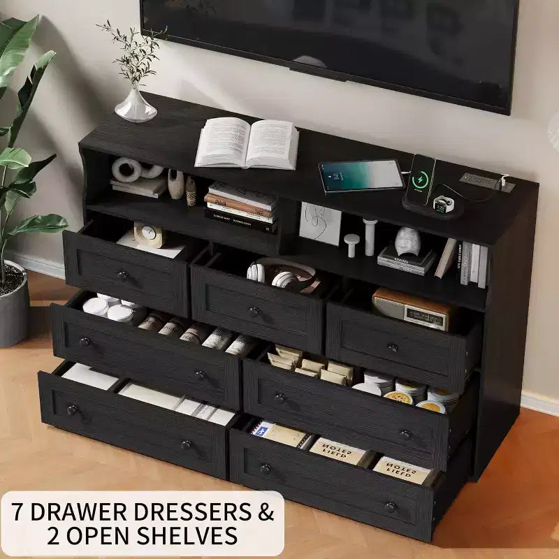 Cassettiera in Legno a 7 Cassetti - Comò Moderno con Stazione di Ricarica USB e Luci a LED, 2 Scomparti Aperti - Ampio Comò per Camera da Letta, Organizzatore di Archiviazione