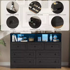 Cassettiera in Legno a 7 Cassetti - Comò Moderno con Stazione di Ricarica USB e Luci a LED, 2 Scomparti Aperti - Ampio Comò per Camera da Letta, Organizzatore di Archiviazione