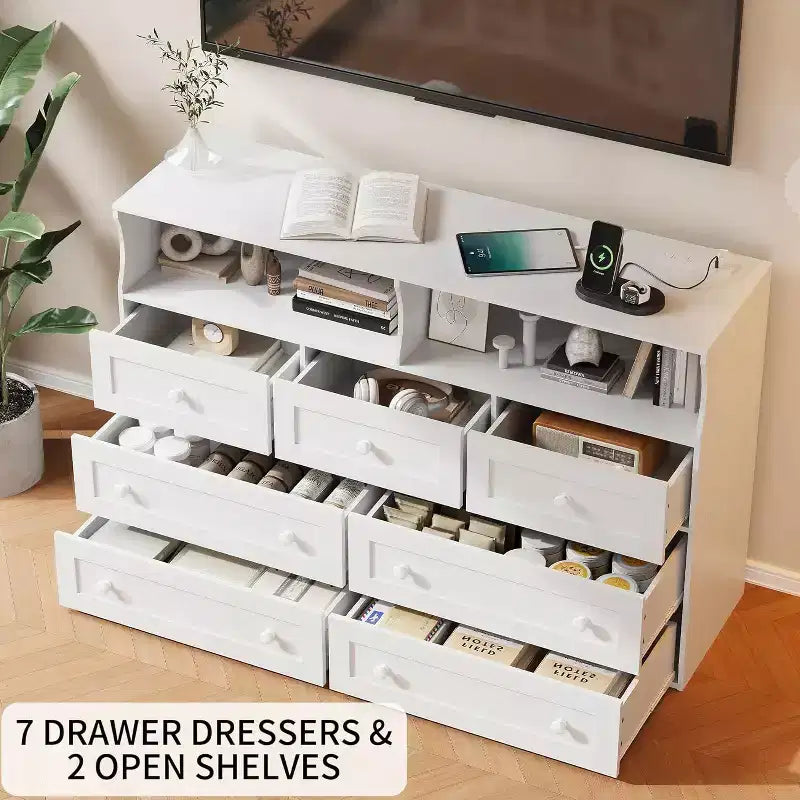 Cassettiera in Legno a 7 Cassetti - Comò Moderno con Stazione di Ricarica USB e Luci a LED, 2 Scomparti Aperti - Ampio Comò per Camera da Letta, Organizzatore di Archiviazione