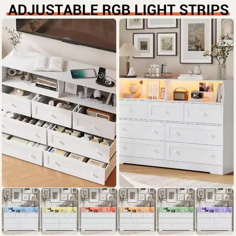 Cassettiera in Legno a 7 Cassetti - Comò Moderno con Stazione di Ricarica USB e Luci a LED, 2 Scomparti Aperti - Ampio Comò per Camera da Letta, Organizzatore di Archiviazione