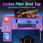 Scrivania da gaming angolare a L da 55 pollici, tavolo per computer rosa con supporto per monitor, mensole portaoggetti a 3 ripiani, scrivania da gamer moderna in fibra di carbonio, configurazione salvaspazio