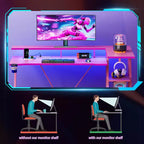 Scrivania da gaming angolare a L da 55 pollici, tavolo per computer rosa con supporto per monitor, mensole portaoggetti a 3 ripiani, scrivania da gamer moderna in fibra di carbonio, configurazione salvaspazio