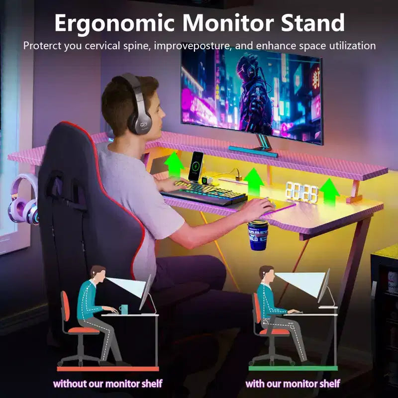 Scrivania da gaming angolare a L da 55 pollici, tavolo per computer rosa con supporto per monitor, mensole portaoggetti a 3 ripiani, scrivania da gamer moderna in fibra di carbonio, configurazione salvaspazio