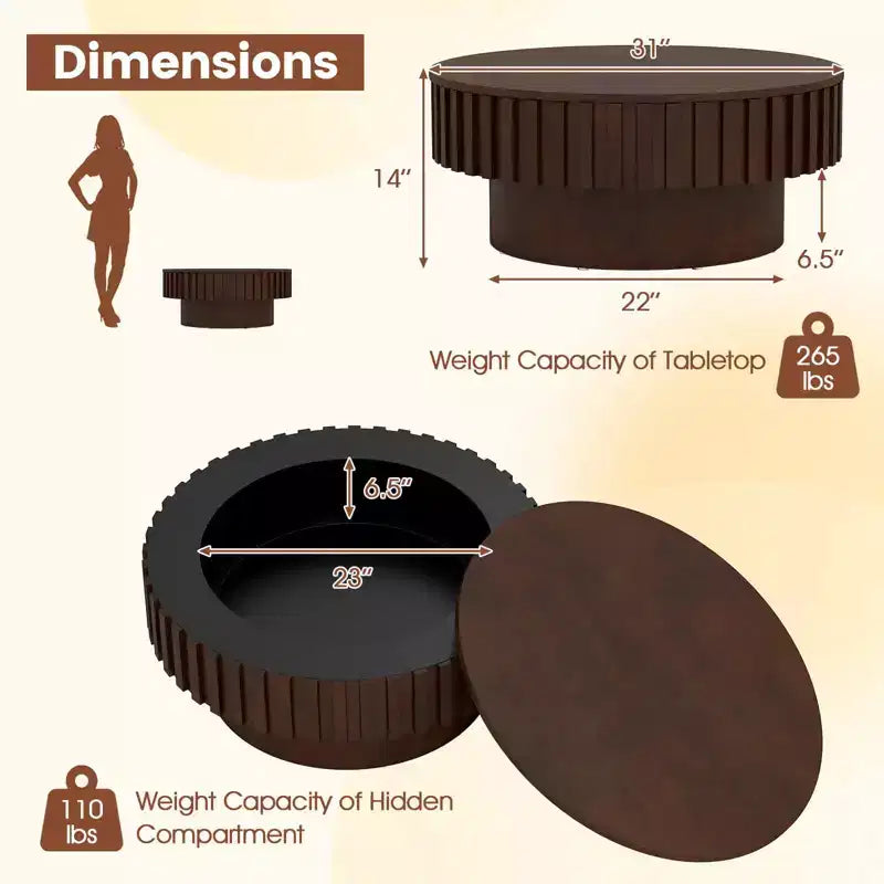Tavolino da Caffè Rotondo con Vano Contenitore, Tavolino da Caffè in Legno a Tamburo con Scomparto Nascosto Noce/Naturale