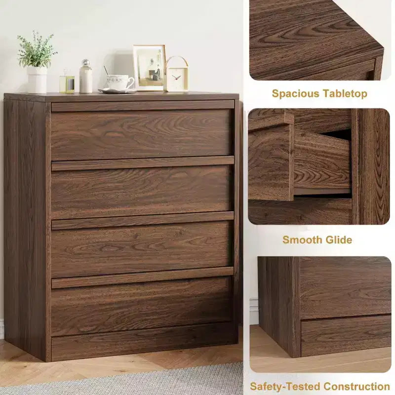 Cassettiera a 4 cassetti per camera da letto, armadietto organizer in legno con cassetti grandi, comodino per soggiorno o ingresso, noce