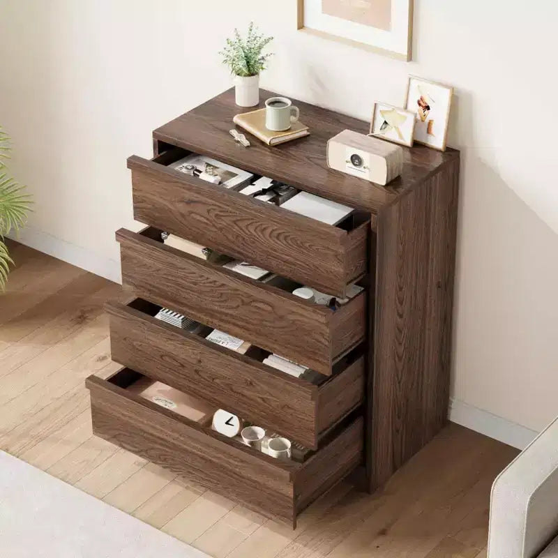 Cassettiera a 4 cassetti per camera da letto, armadietto organizer in legno con cassetti grandi, comodino per soggiorno o ingresso, noce