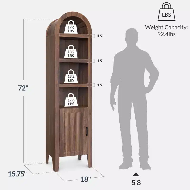 Armadietto sottile e alto da 72" con ripiani regolabili, libreria moderna a 4 ripiani con arco