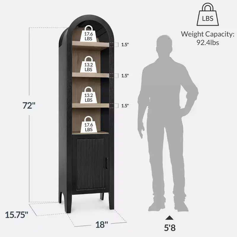 Armadietto sottile e alto da 72" con ripiani regolabili, libreria moderna a 4 ripiani con arco
