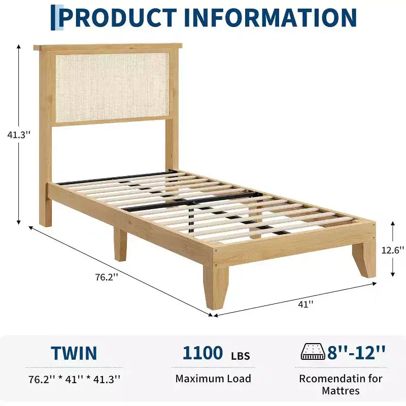 Struttura letto a piattaforma in rattan e legno quadrata, misura Twin, testiera in rattan naturale, non necessita di box spring, facile montaggio