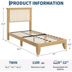 Struttura letto a piattaforma in rattan e legno quadrata, misura Twin, testiera in rattan naturale, non necessita di box spring, facile montaggio
