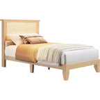 Struttura letto a piattaforma in rattan e legno quadrata, misura Twin, testiera in rattan naturale, non necessita di box spring, facile montaggio