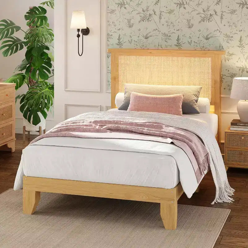 Struttura letto a piattaforma in rattan e legno quadrata, misura Twin, testiera in rattan naturale, non necessita di box spring, facile montaggio