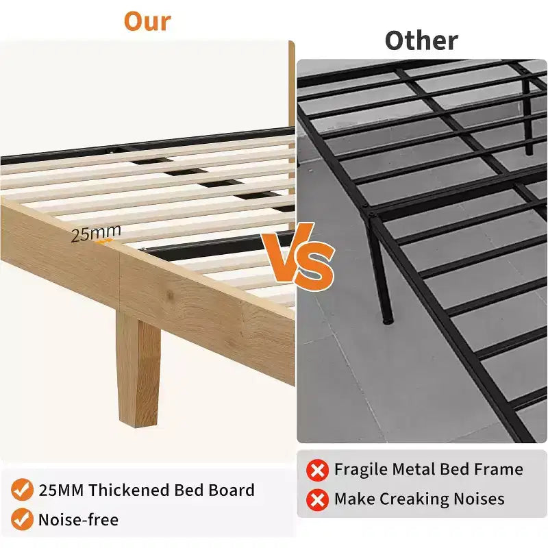 Struttura letto a piattaforma in rattan e legno quadrata, misura Twin, testiera in rattan naturale, non necessita di box spring, facile montaggio
