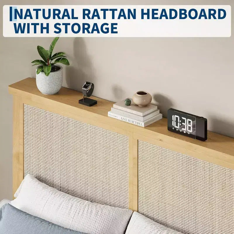 Struttura letto a piattaforma in rattan e legno quadrata, misura Twin, testiera in rattan naturale, non necessita di box spring, facile montaggio