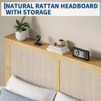 Struttura letto a piattaforma in rattan e legno quadrata, misura Twin, testiera in rattan naturale, non necessita di box spring, facile montaggio
