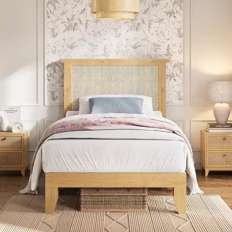 Struttura letto a piattaforma in rattan e legno quadrata, misura Twin, testiera in rattan naturale, non necessita di box spring, facile montaggio