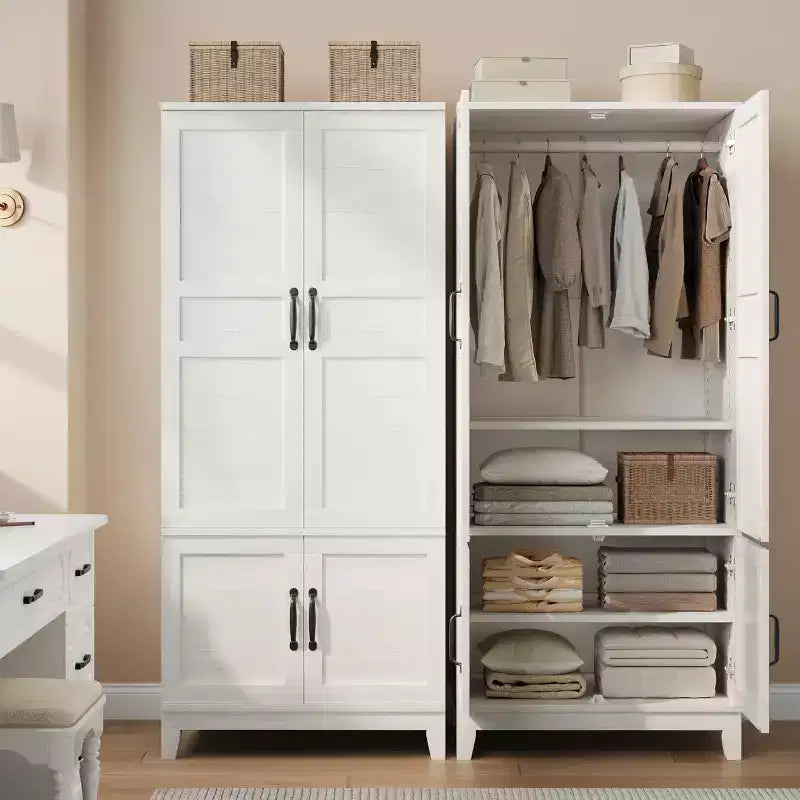 Armadio Guardaroba in Legno Alto 183 cm con 4 Ante, Asta Appendiabiti e Ripiani Regolabili, Armadio Autoportante per Vestiti per Camera da Letto