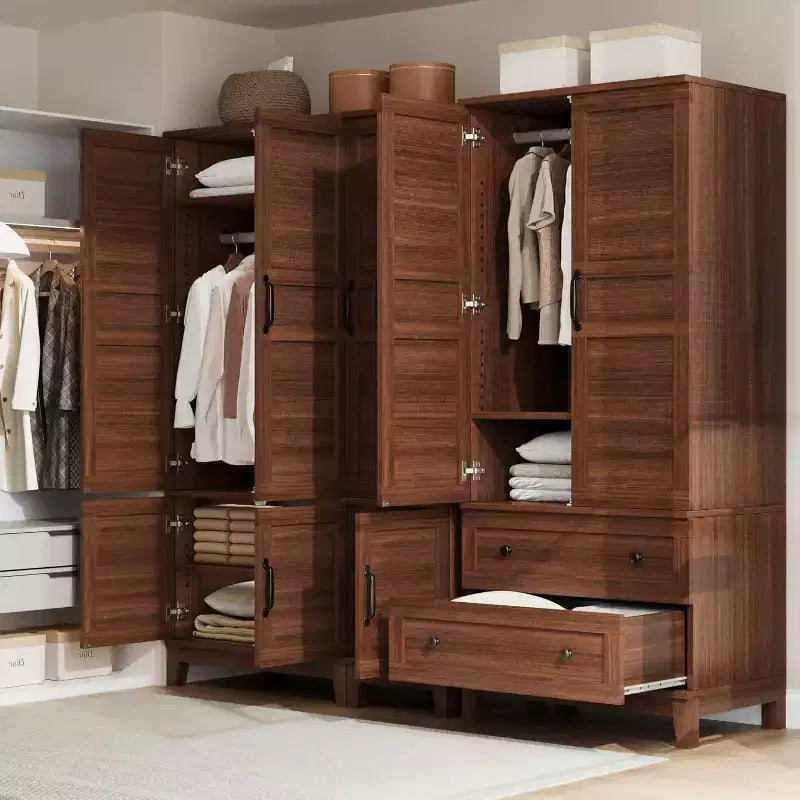 Armadio Guardaroba in Legno Alto 183 cm con 4 Ante, Asta Appendiabiti e Ripiani Regolabili, Armadio Autoportante per Vestiti per Camera da Letto