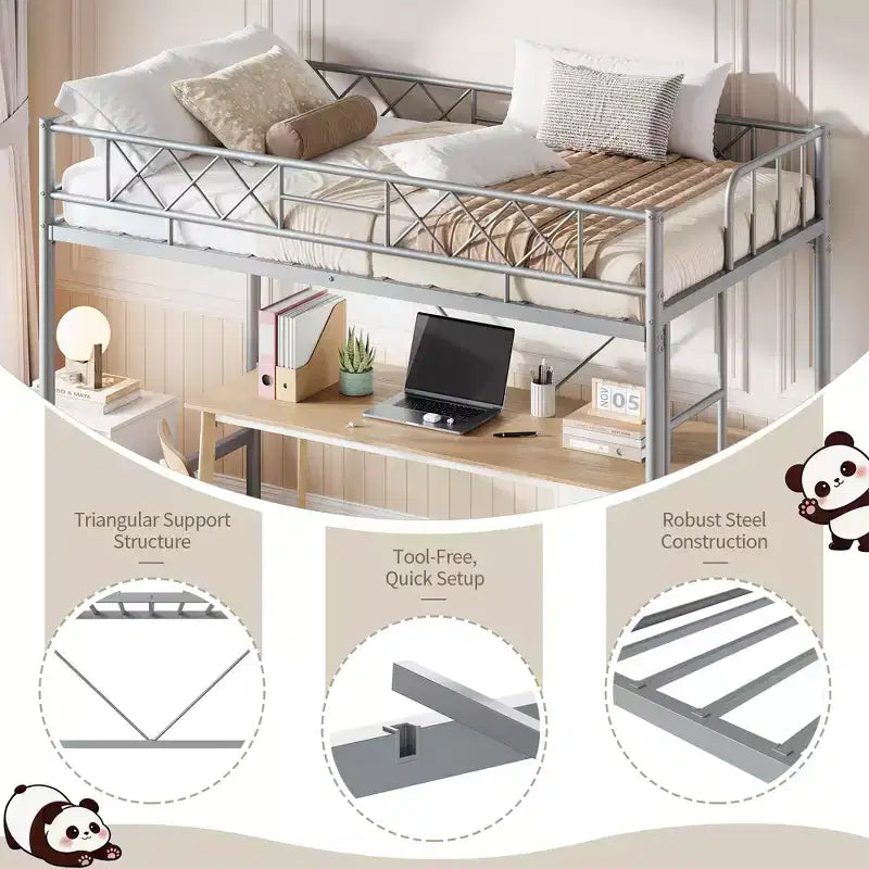 Letto a soppalco singolo con ringhiera di sicurezza arcuata e scaletta di sicurezza, struttura in metallo resistente con robuste doghe in acciaio, non necessita di rete, salvaspazio