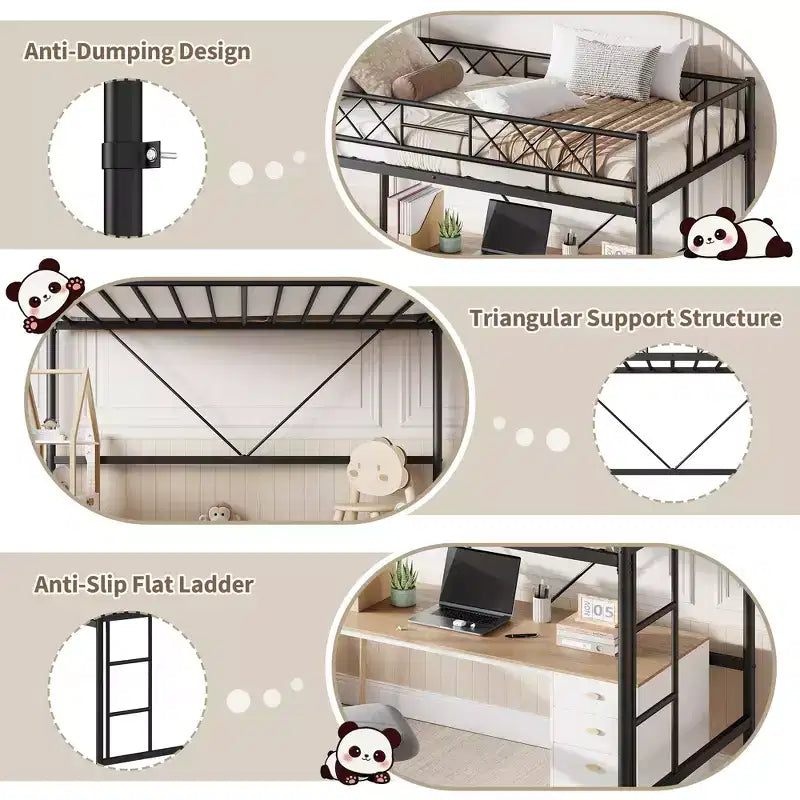 Letto a soppalco singolo con ringhiera di sicurezza arcuata e scaletta di sicurezza, struttura in metallo resistente con robuste doghe in acciaio, non necessita di rete, salvaspazio