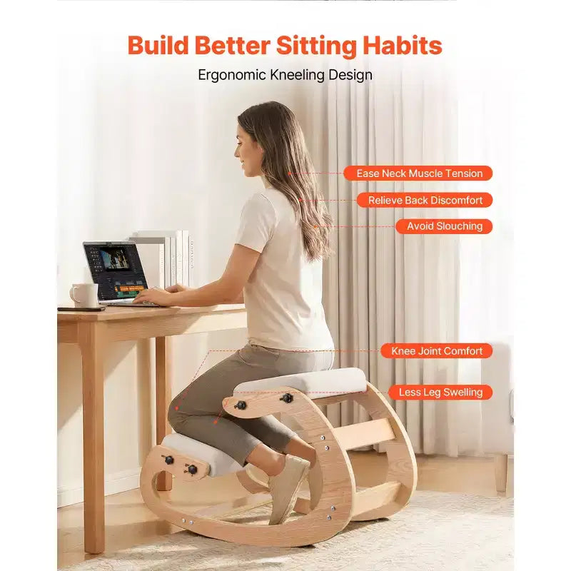 Sedia Ergonomica Inginocchiata, Sedia per Ginocchia Posturale in Legno con Cuscini Spessi Regolabili in Schiuma e Struttura in Legno Massello, Altezza Regolabile, Beige
