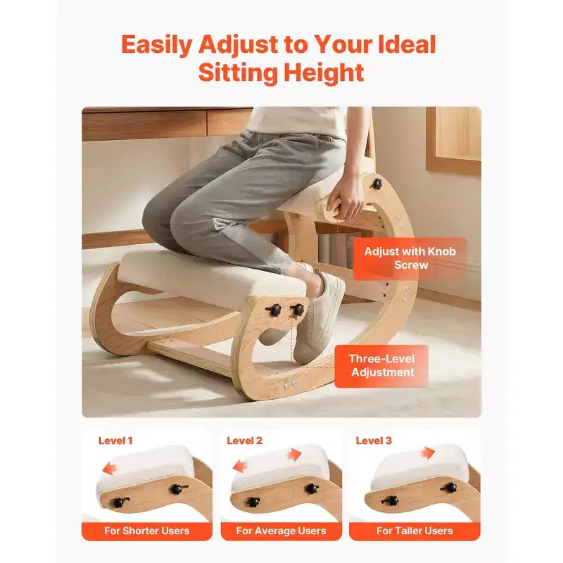Sedia Ergonomica Inginocchiata, Sedia per Ginocchia Posturale in Legno con Cuscini Spessi Regolabili in Schiuma e Struttura in Legno Massello, Altezza Regolabile, Beige