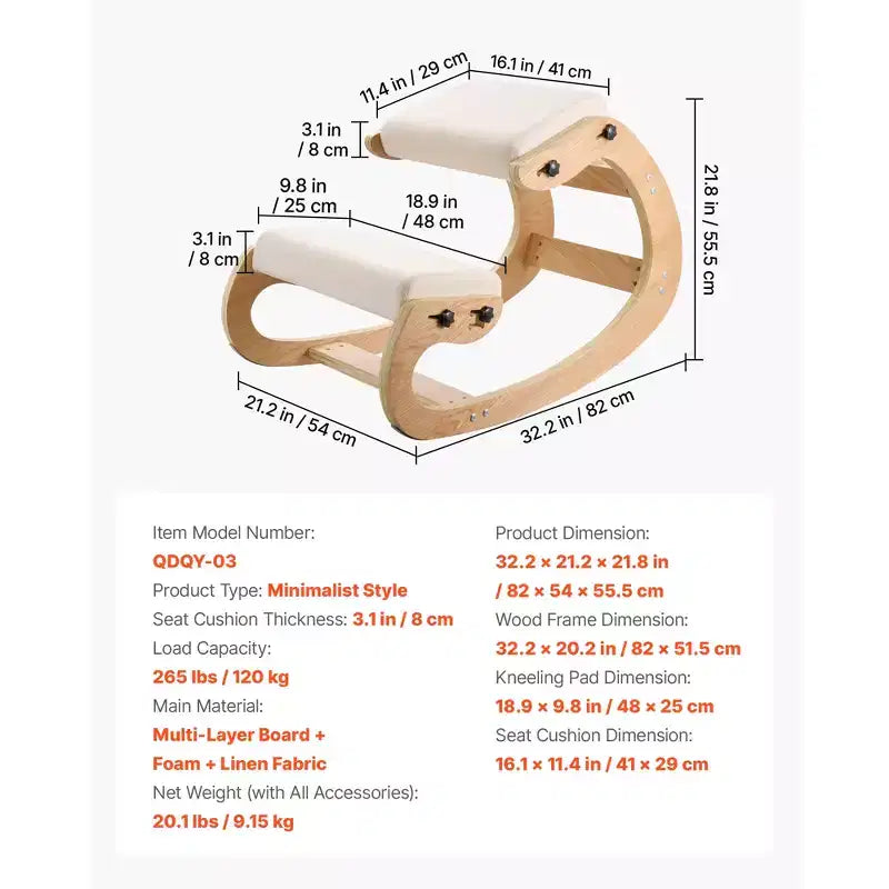 Sedia Ergonomica Inginocchiata, Sedia per Ginocchia Posturale in Legno con Cuscini Spessi Regolabili in Schiuma e Struttura in Legno Massello, Altezza Regolabile, Beige